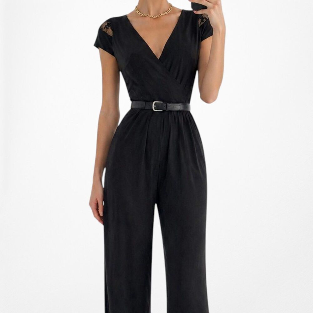 Vintage Y2K 90s Black Capped Lace Sleeve V-Neck Pleated Knit Jumpsuit Size M
